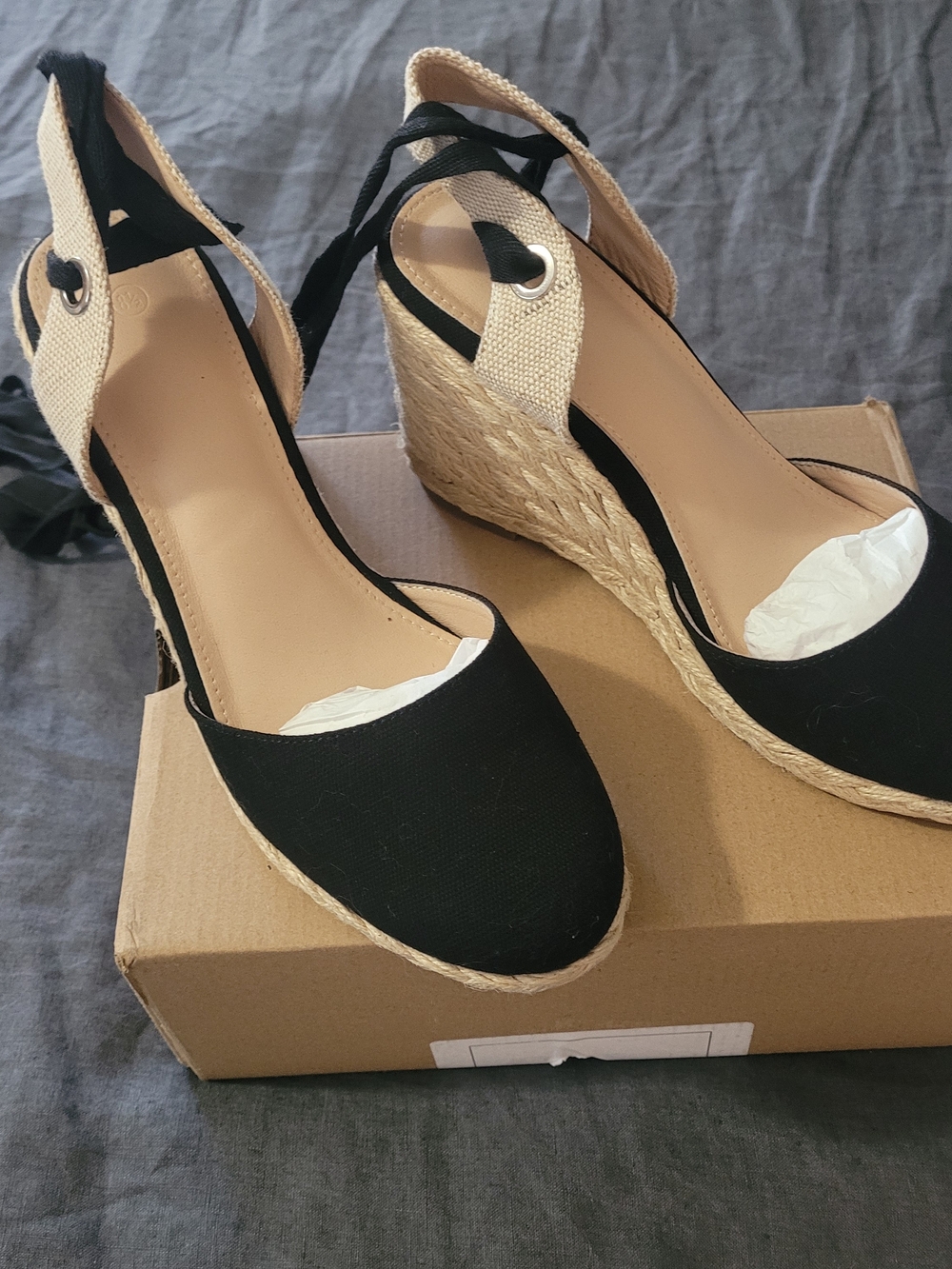 Womens Black Espadrille Wedge Sandals with Ankle Tie